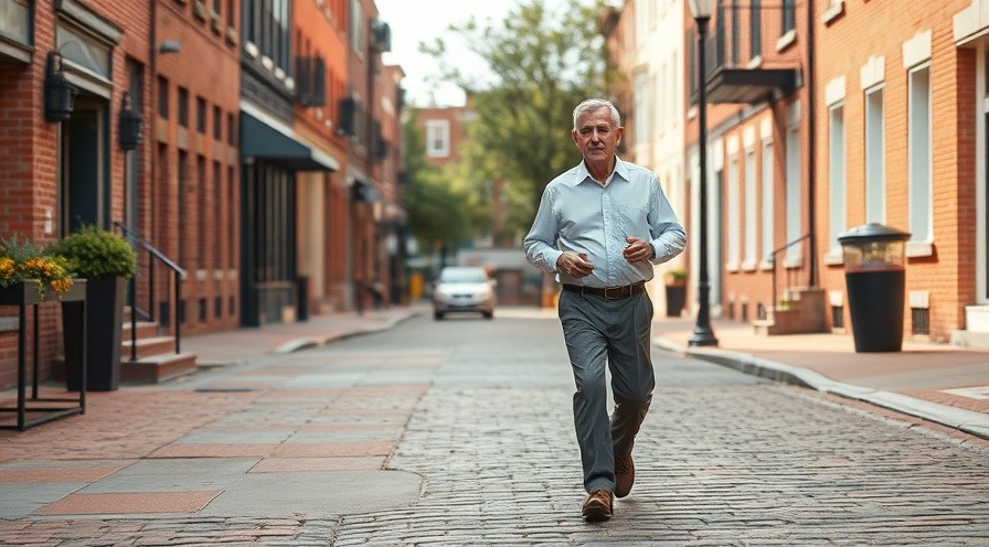Senior man enjoying walking on a scenic cobblestone street.
