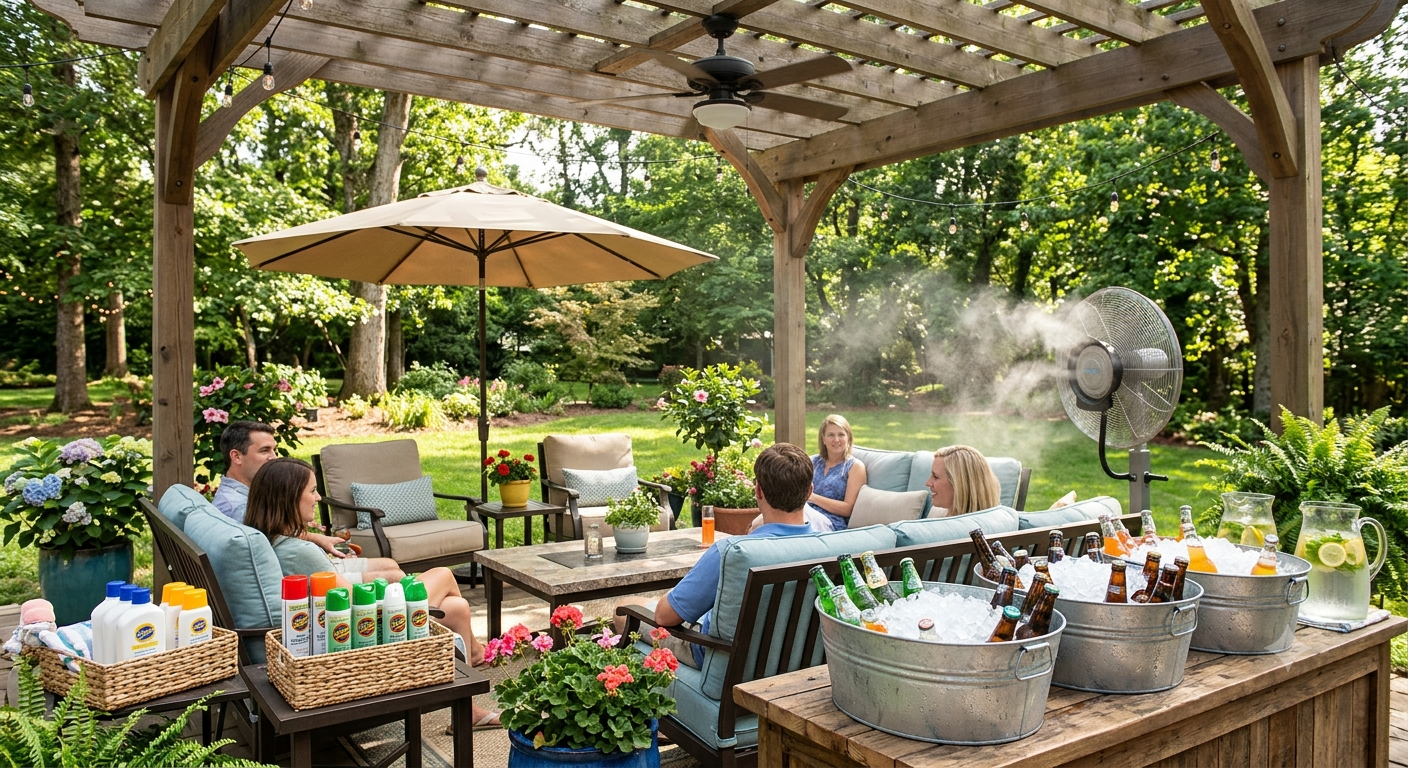 backyard retreat for hot summers with shade, fans, and cozy seating.