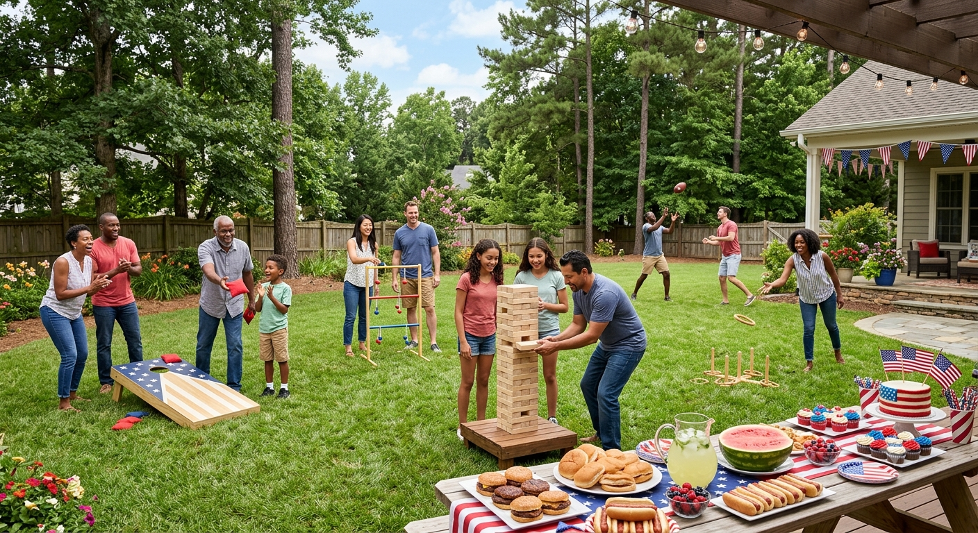 backyard filled with classic family lawn games