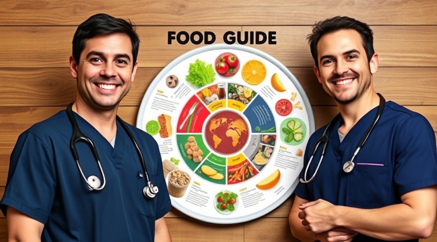 Two doctors in navy scrubs discussing healthy eating, colorful food guide infographic.