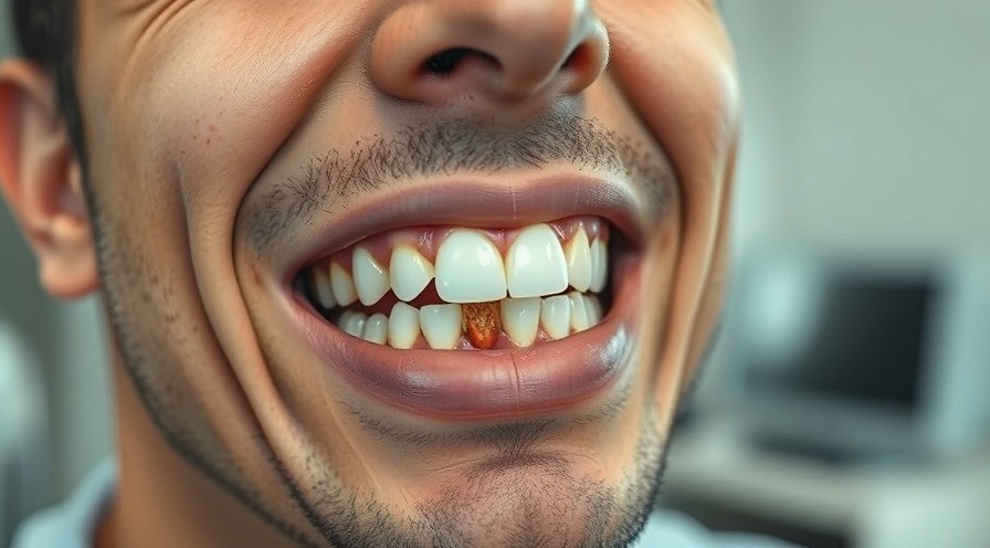 man showing tooth decay, highlighting dental health in clinical setting.