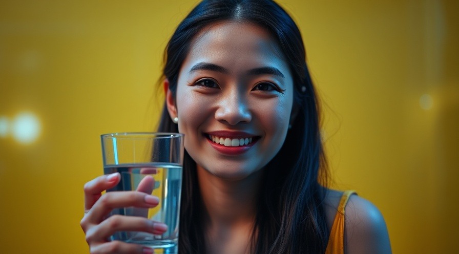 woman smiling with water glass, showcasing hydration tips for mental clarity.
