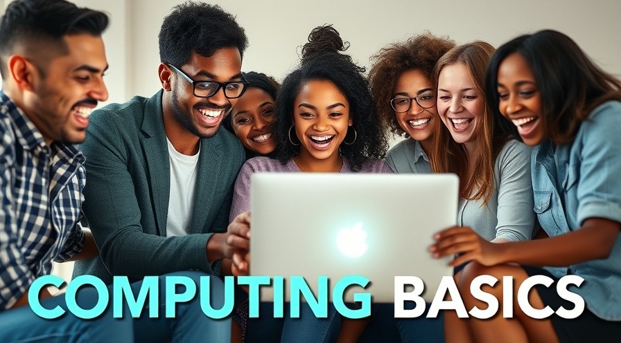 Diverse young professionals excitedly collaborating on computing basics around a glowing laptop.