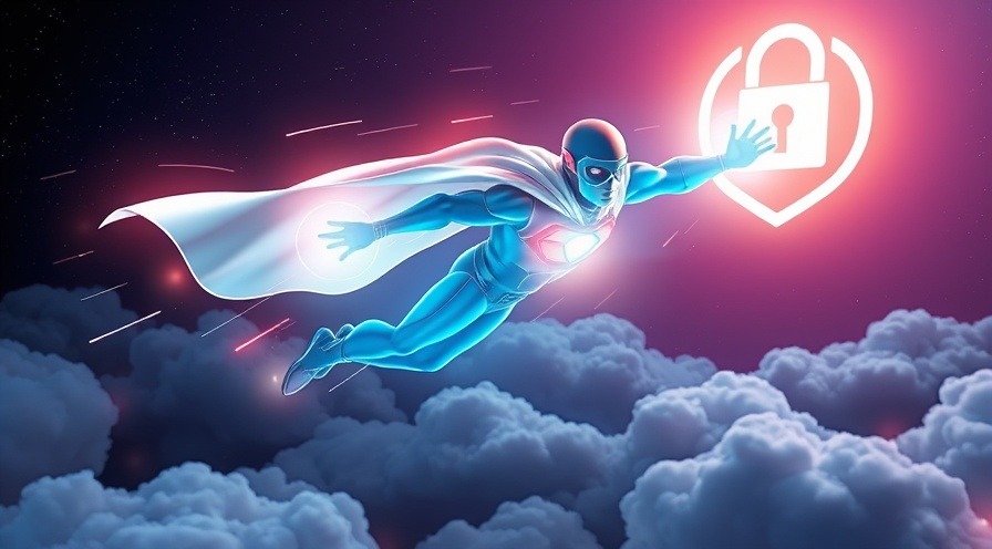 Futuristic superhero Lambda function flying in a digital cloud with IAM shields.