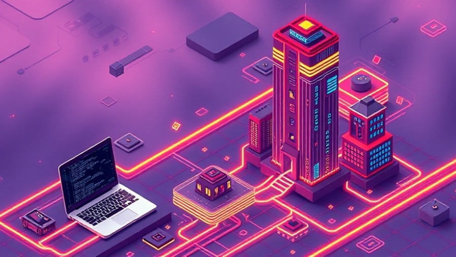 Synthwave digital path of glowing data blocks from laptop to corporate skyscraper.