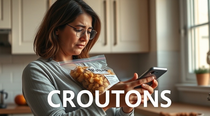 Concerned woman in kitchen reading KROGER CROUTONS recall on phone.