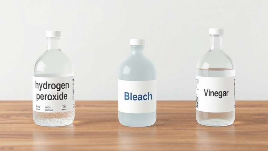 3D comparison of hydrogen peroxide, bleach, and vinegar bottles on a table.