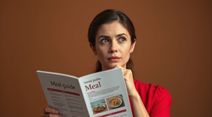 Thoughtful woman in red blouse contemplating healthy meal choices for a balanced diet.