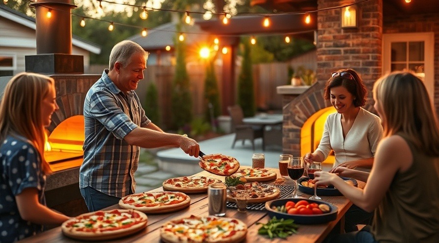 A joyful dad sliding homemade pizza into a modern outdoor oven during a summer backyard gathering.