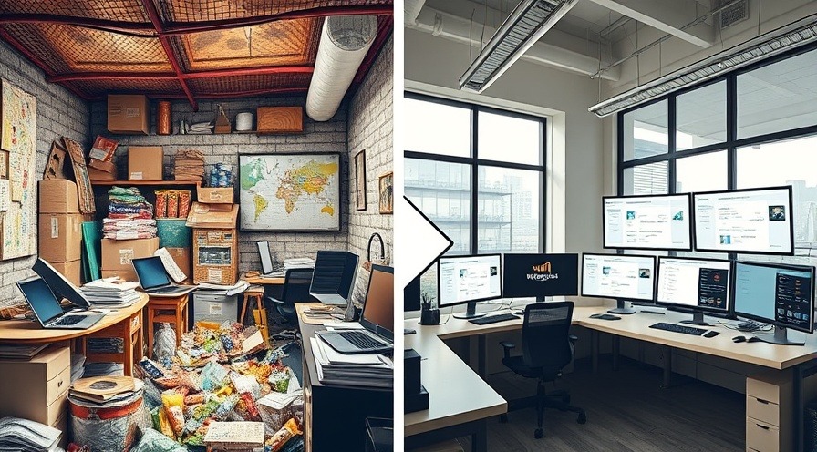 Transforming workspace: messy basement to sleek office with AWS dashboards.