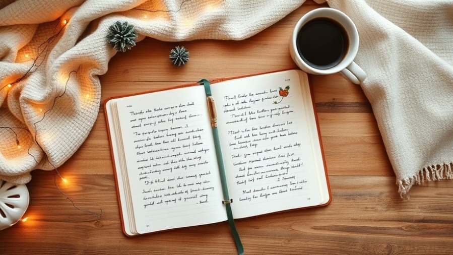 Cozy gratitude journal flat lay with coffee and decorations, inviting lifestyle shot