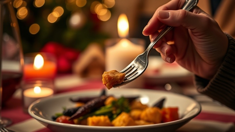 Close-up of hands holding an elegant fork at a warm Christmas dinner.