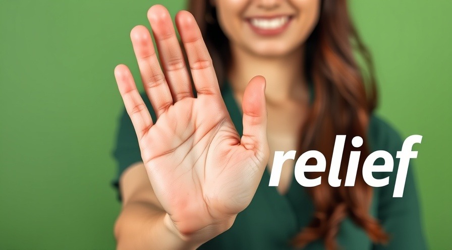 Close-up of a lipoma on palm with woman showing relief, promoting lipoma treatment.