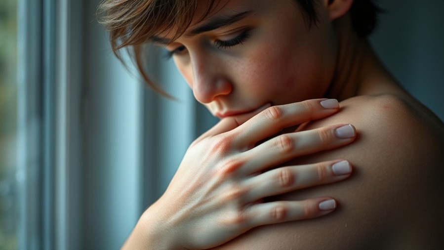 Person with water exposure skin condition, touching arm with red blotches.