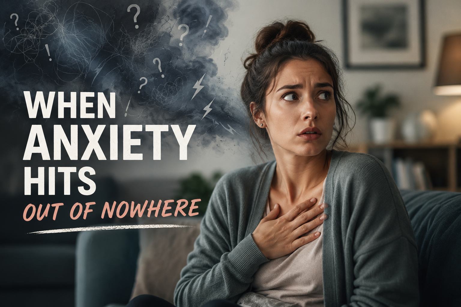 Startled young adult expressing anxiety with hand to chest, soft lighting.