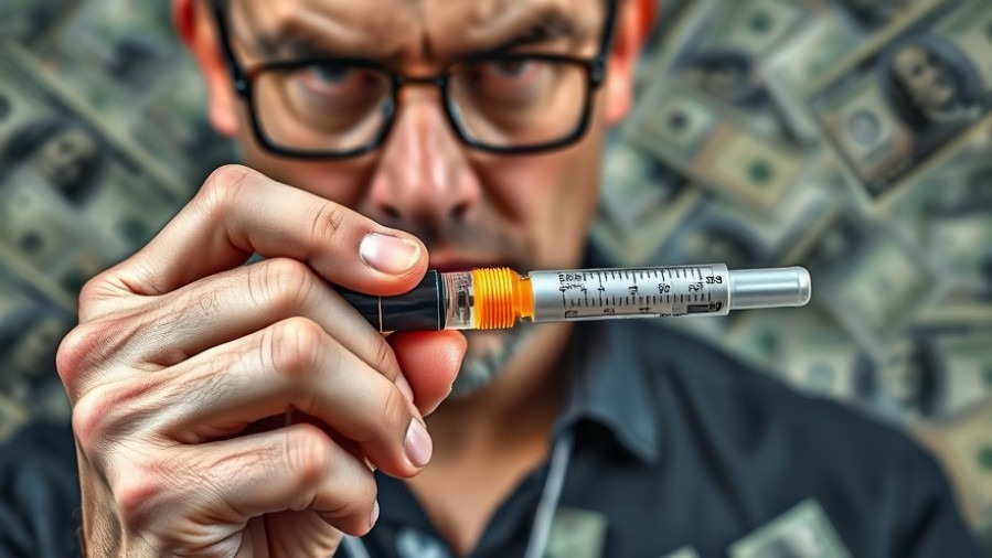 Patient using injection for weight loss pen, with caution signs and falling dollar bills.