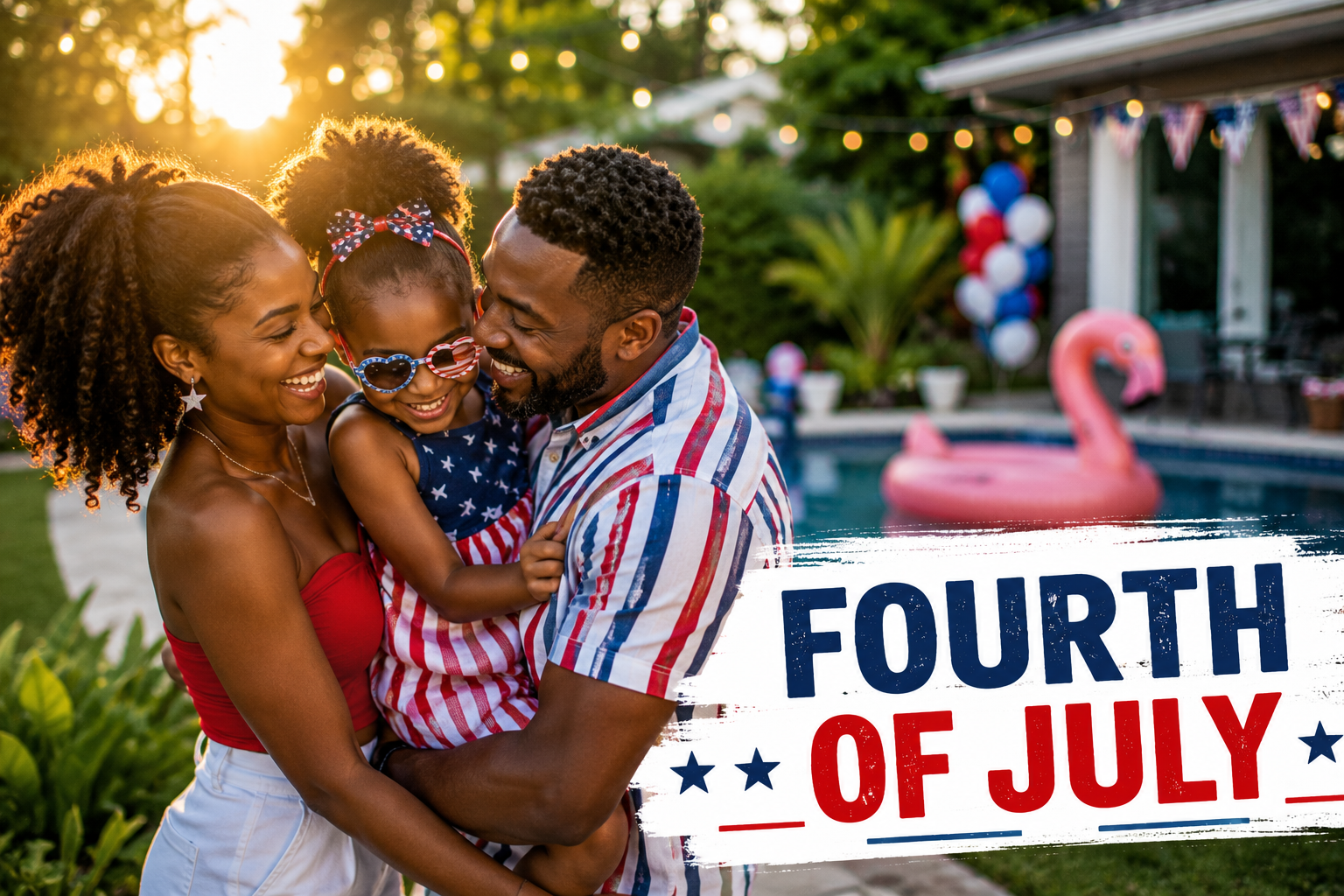 Family hug at festive July 4th backyard party