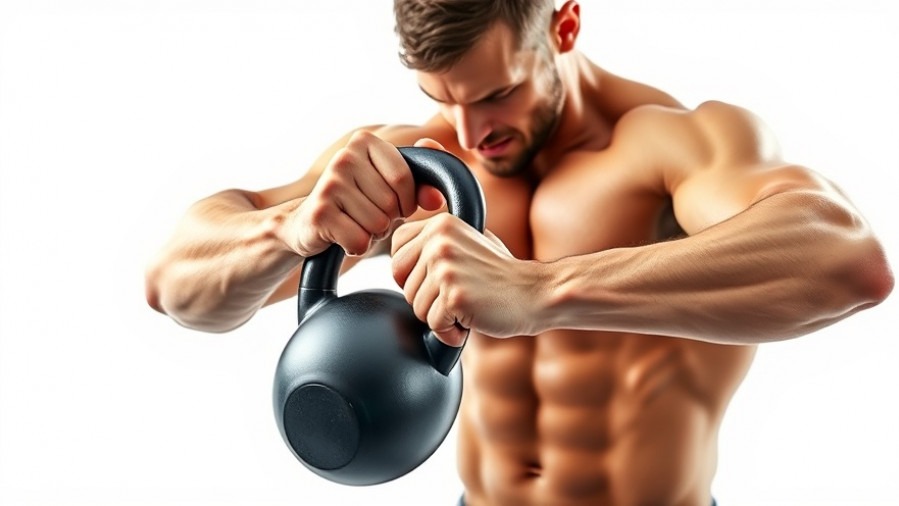 Muscular man performing a HIIT kettlebell workout, showcasing dynamic fat burning movement.
