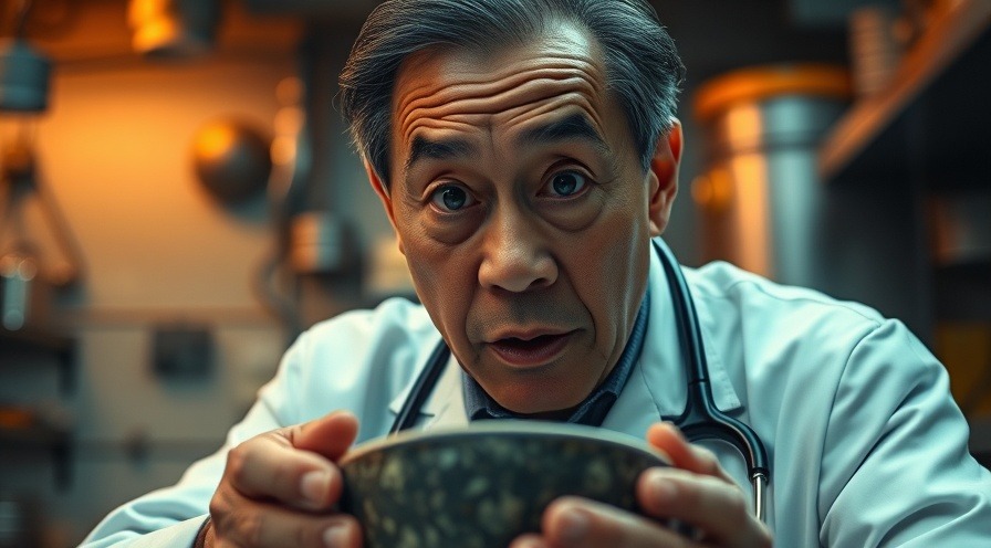 Shocked older man in doctor's coat, amazed by holistic solutions in oatmeal.