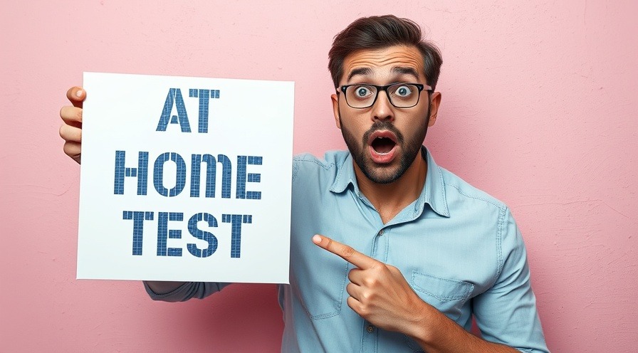 Surprised man points at 'At Home Test' box for non-invasive cancer screening.