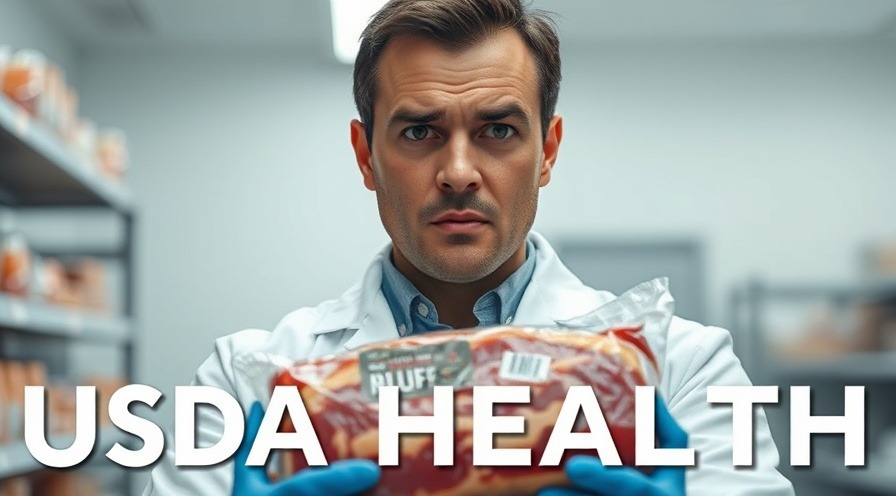 USDA health inspection: concerned worker in lab coat examining packaged meat.