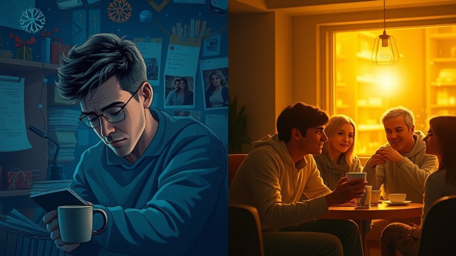 Stressful holiday chaos vs. peaceful connection over coffee in modern photography.