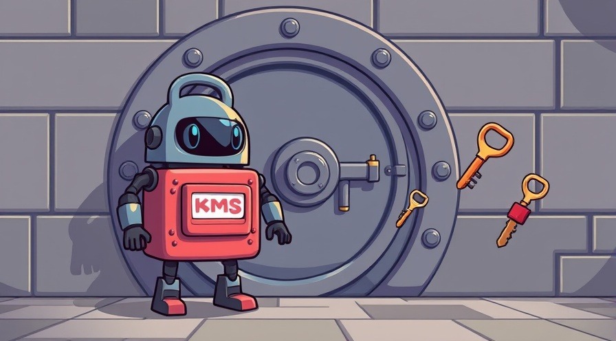 Digital vault door guarded by a KMS robot, protecting secrets like passwords.