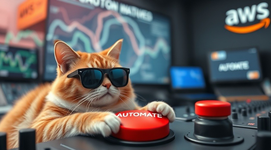 Lazy cat in hacker sunglasses pressing AWS 'AUTOMATE' button.