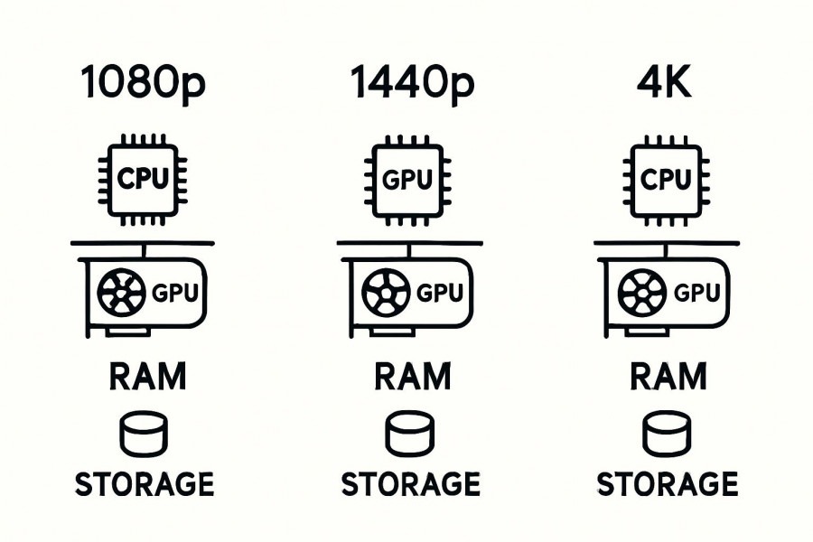 Minimalist diagram of CPU, GPU, RAM, and storage balance for 1080p, 1440p, and 4K resolutions