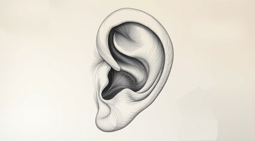 Detailed drawing of a human ear showcasing anatomical features.