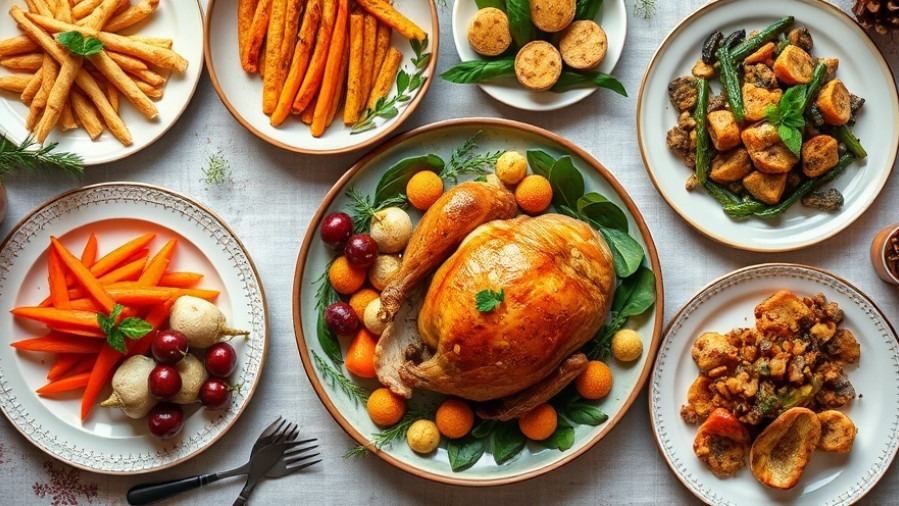 Elegant Christmas dinner with turkey, vegetables, and festive garnishes