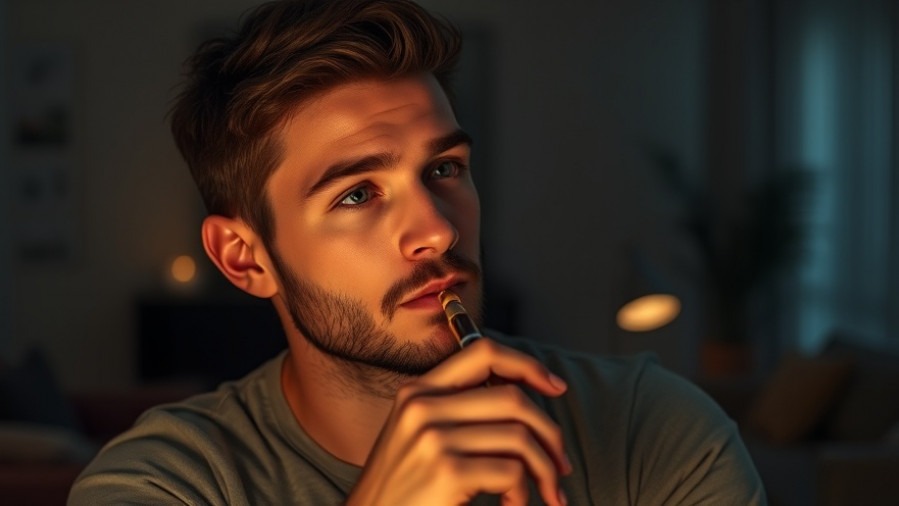 Thoughtful 26-year-old man holding a vape pen, reflecting on vaping risks and nicotine addiction.