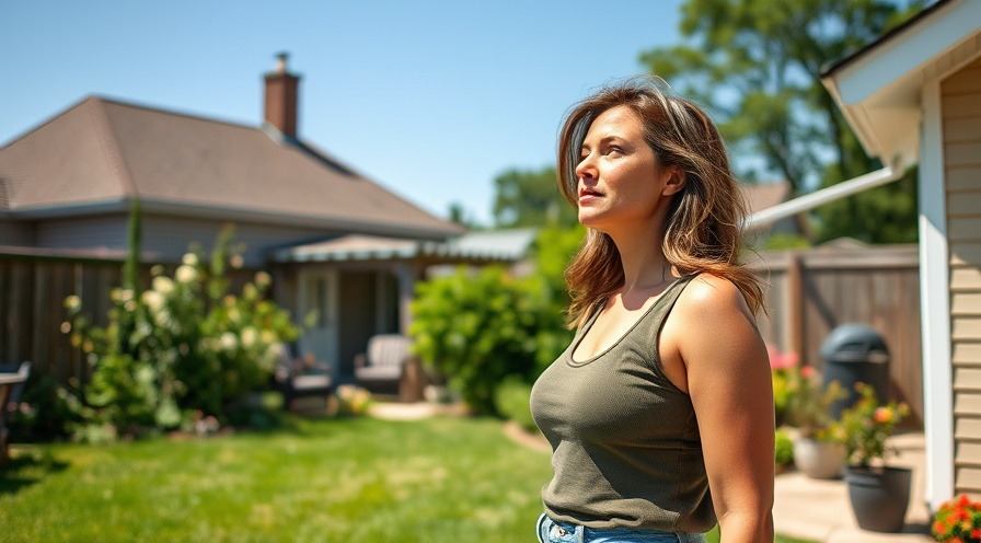 female homeowner pondering in her sunny backyard.