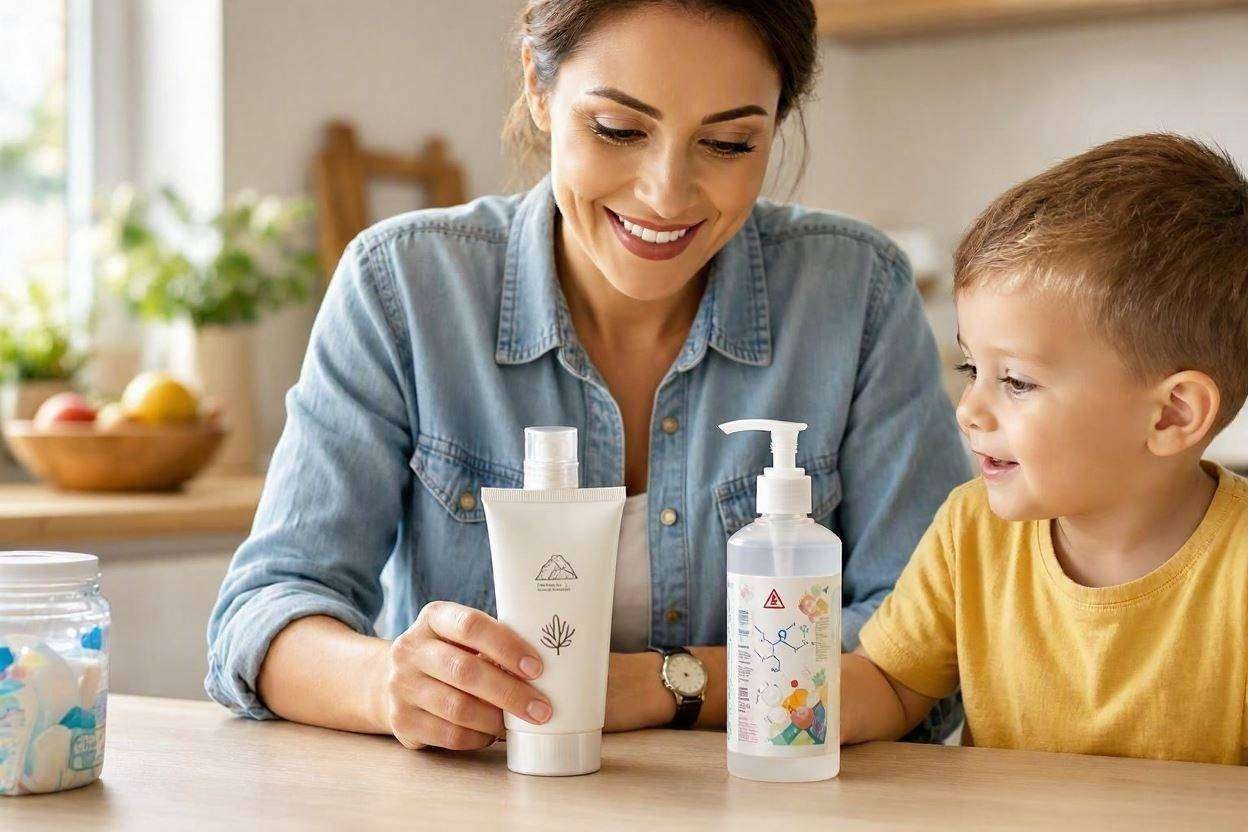 mother can child examining skin products