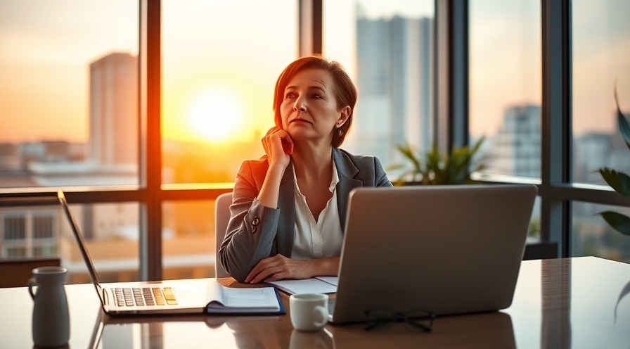 Professional woman in office at sunset, reflecting on work and life.