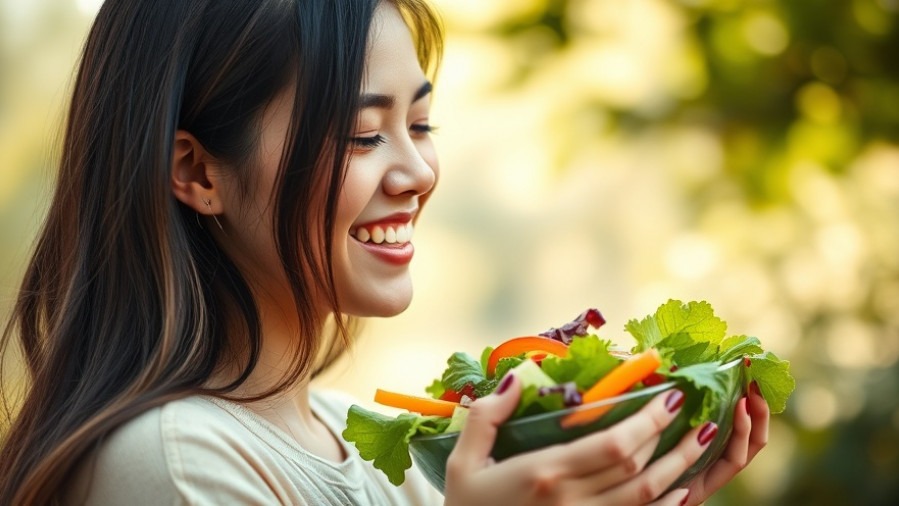 Joyful woman savoring a colorful salad outdoors, promoting mood regulation and gut health.