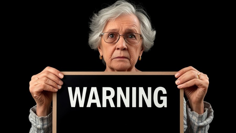 Senior woman with a 'Warning' sign, highlighting the advantages of holistic medicine.