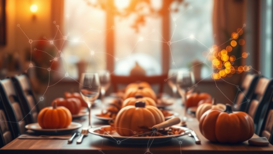 Cozy Thanksgiving table with neural pathways overlay, warm colors, soft-focus wellness aesthetic.
