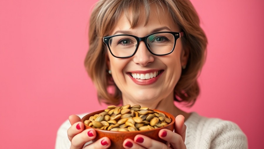 Middle-aged woman showcasing pumpkin seeds, promoting dietary zinc for skin health.