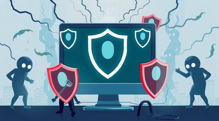 Artistic display of a computer monitor with defensive shields protecting against malicious threats.