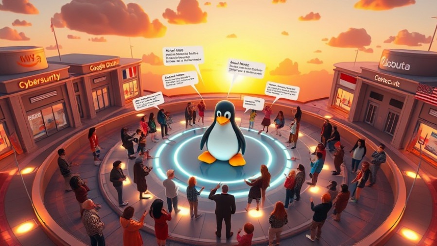 Futuristic Pixar-style plaza with diverse characters around a glowing Linux penguin.