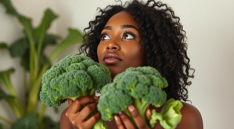 Attractive black woman shocked, holding broccoli away in disbelief.