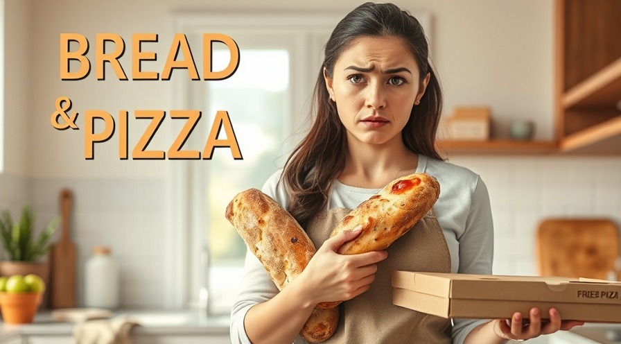 Concerned young woman with bread and pizza box in a bright kitchen.