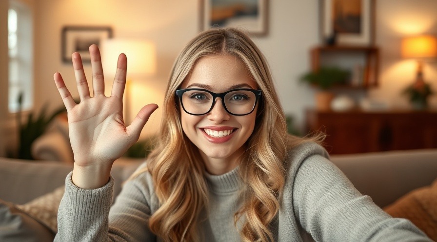 Cheerful woman in glasses smiling during a video call about home healthcare for children.