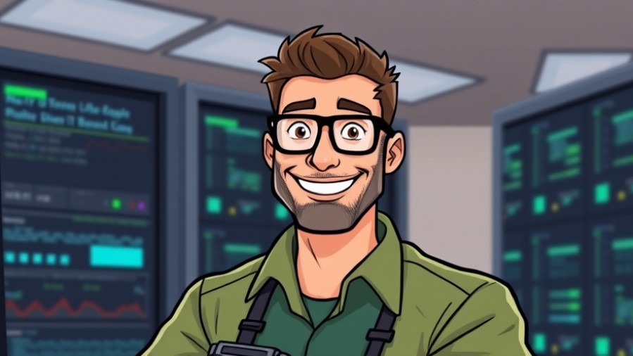 Smiling IT guy in cartoon style, exuding confidence in a calm tech environment.