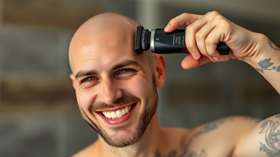 Bald guy smiling while shaving with a cordless electric razor.