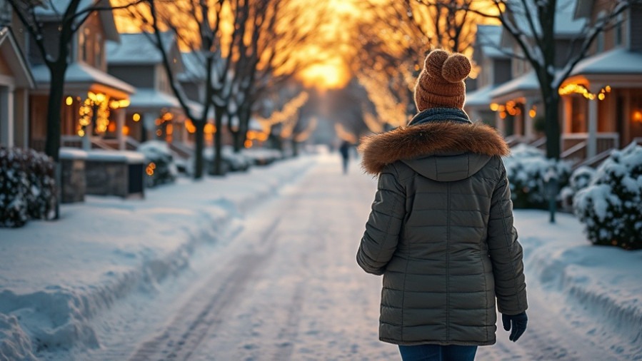 Person enjoying a peaceful winter walk with Christmas lights and golden hour glow.