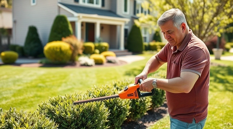 Mid-40s homeowner trimming shrubs with a cordless hedge trimmer in a sunny suburb.