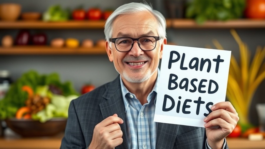 Smiling man shares benefits of plant-based diet with vibrant salad backdrop.