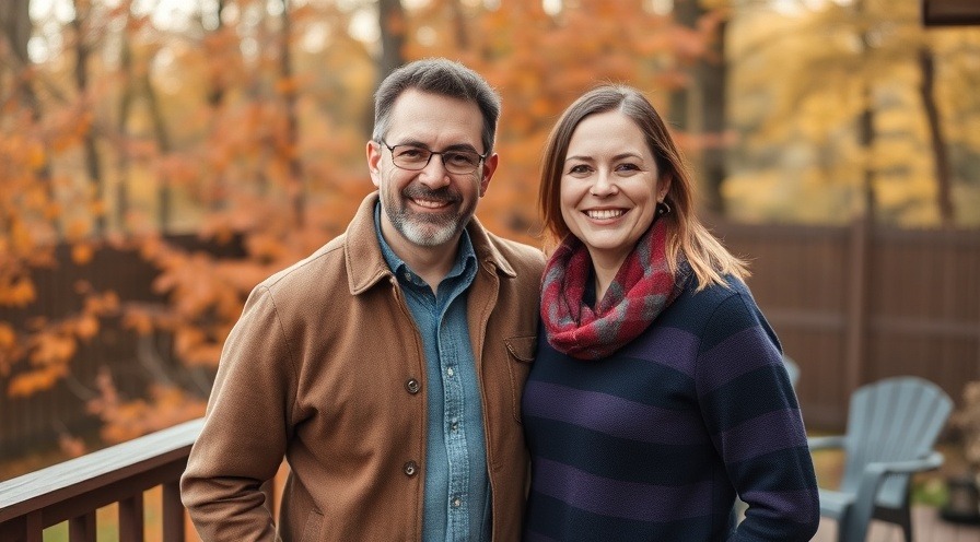 Happy couple enjoying their backyard deck in Autumn, showcasing its benefits.